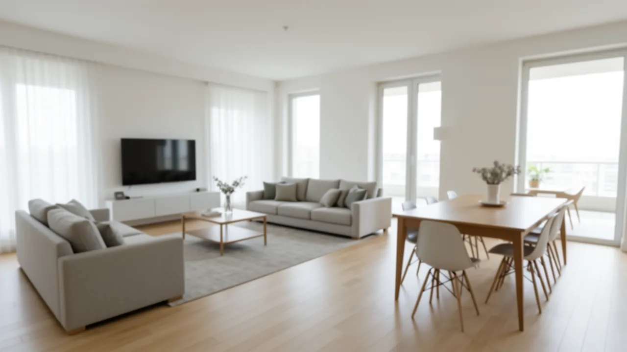 Open living and dining zoning layout in a modern apartment interior