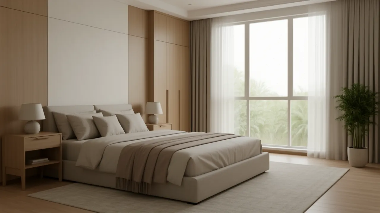 Master bedroom interior in Indian 3 BHK home