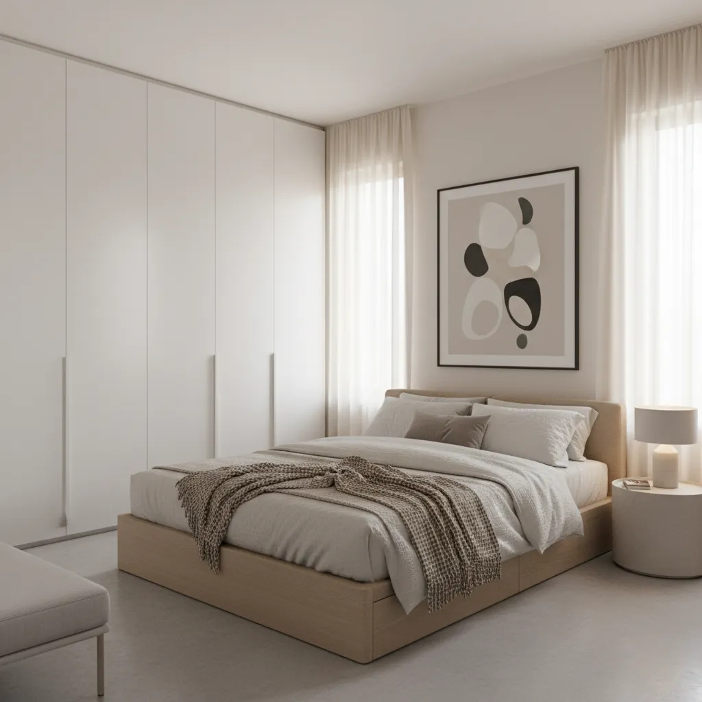 Minimal modern bedroom design in a 3 BHK apartment