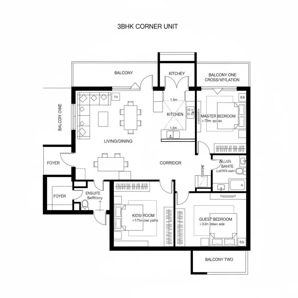2D CAD plan of a 3BHK corner unit with dual balconies and ensuite master