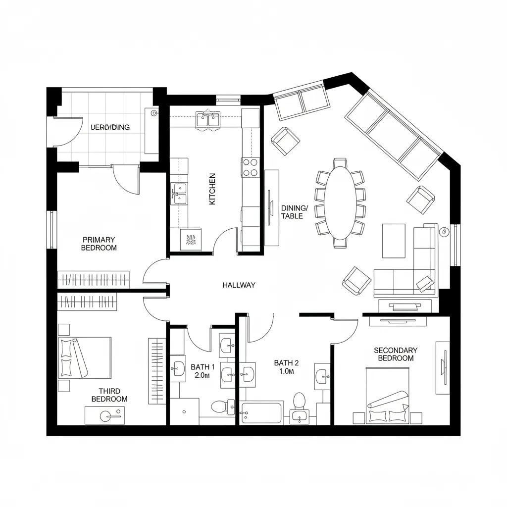 Detailed floor plan of a three bedroom house with kitchen dining area hallway and bathrooms