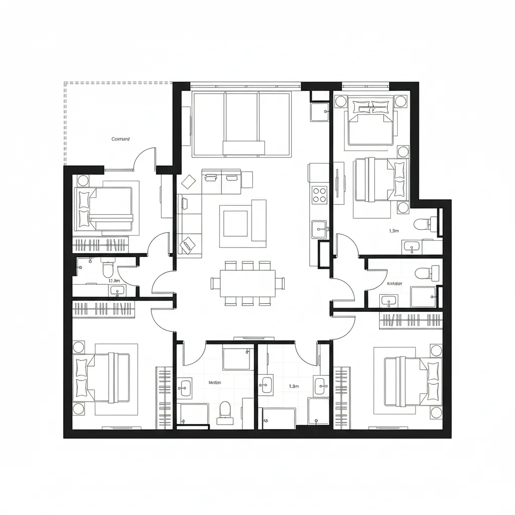 Top-down 3BHK floor plan with entry-adjacent elder suite, living spine, utility, and courtyard-facing living room