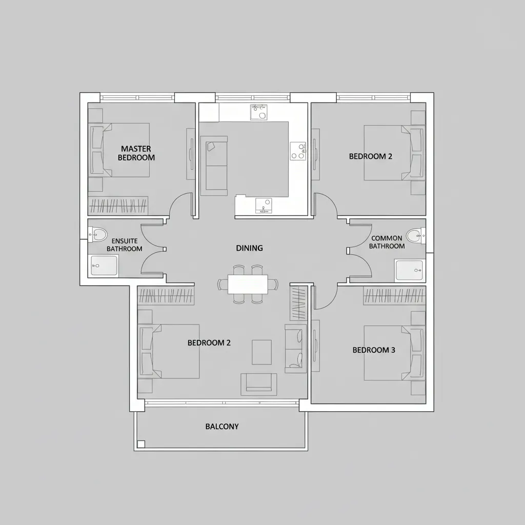 Architectural floor plan of a 3 BHK house layout