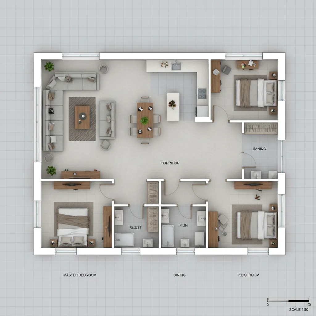 Modern Indian 3BHK house floor plan layout showing three bedrooms living dining and kitchen arrangement