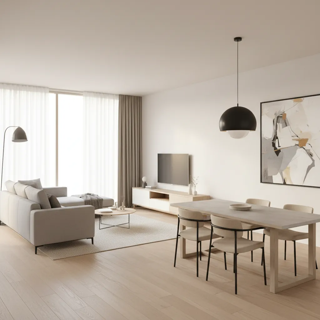 open living and dining layout in a modern 3 BHK flat