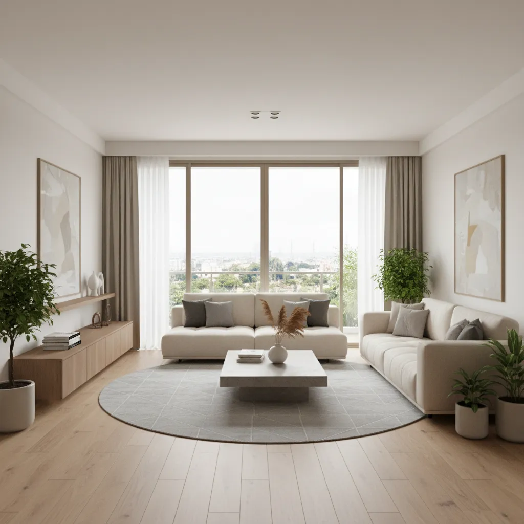 Bright modern living room in a 3 BHK apartment with sofa and balcony