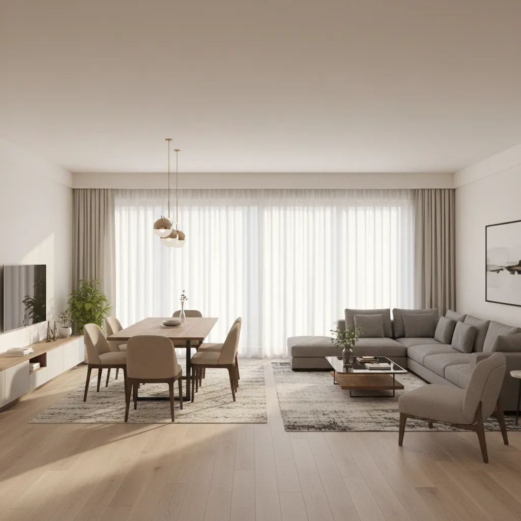 Open living and dining layout in a modern 3 BHK flat