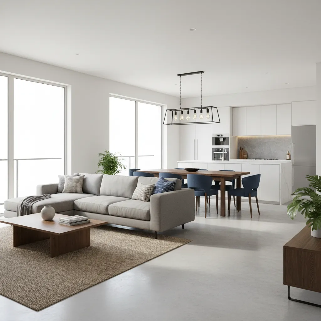 Open living dining layout in Indian 3 BHK apartment