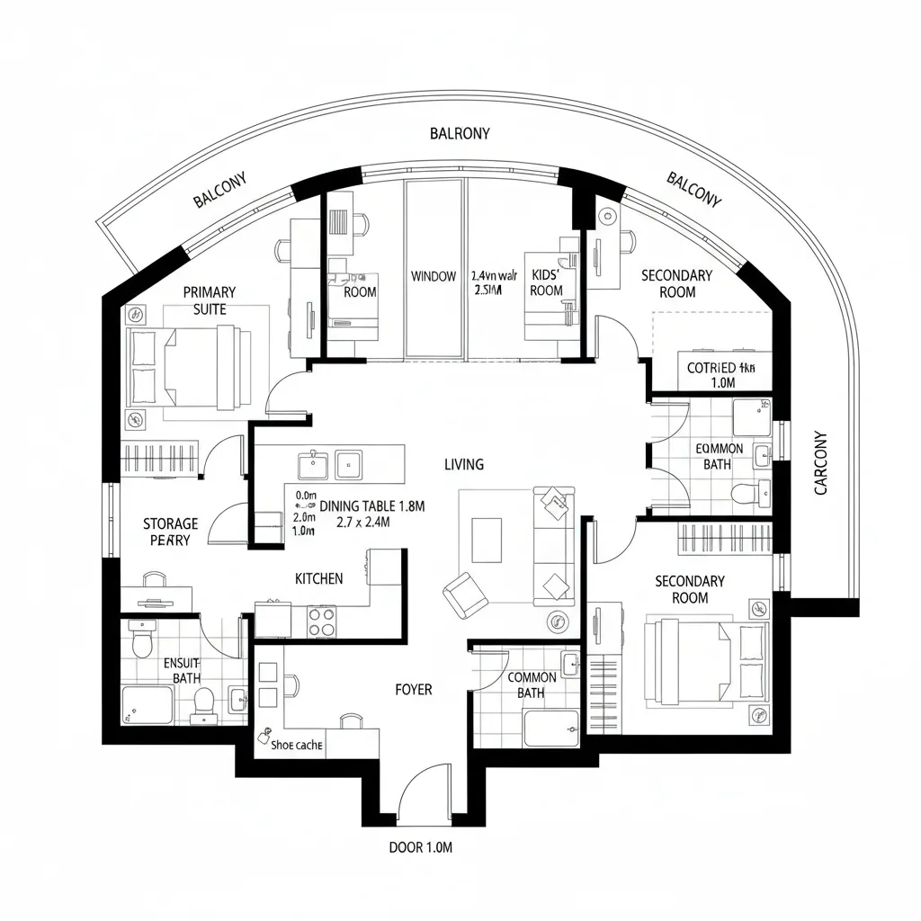 Top-down 3BHK ring plan with central living core and continuous balcony