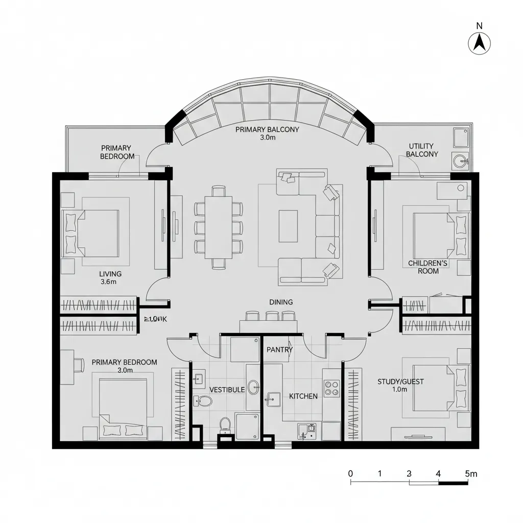Top-down 2D CAD plan of 3BHK ring topology with dual balconies and bedroom docks