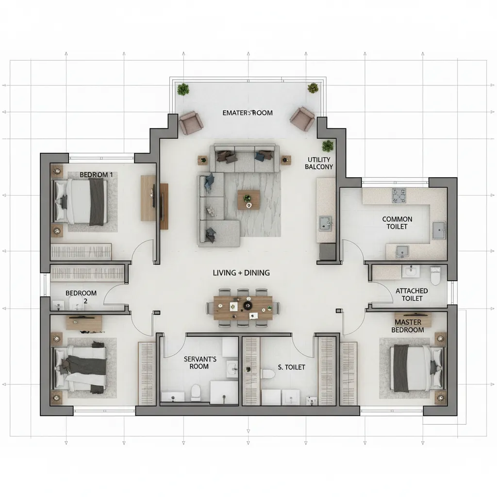 3 BHK apartment floor plan showing servant room near kitchen and utility area