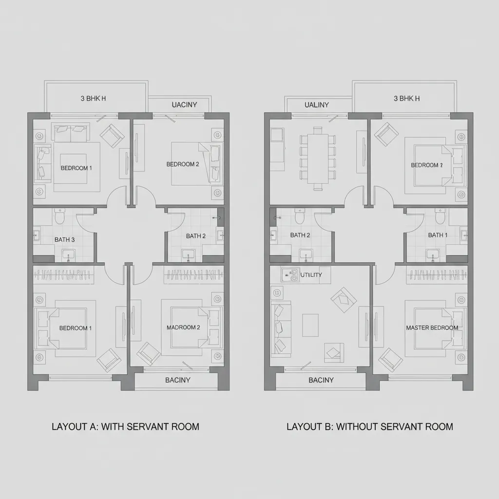 3 BHK Flat Plan With Servant Room vs Without Servant Room: Layout Comparison
