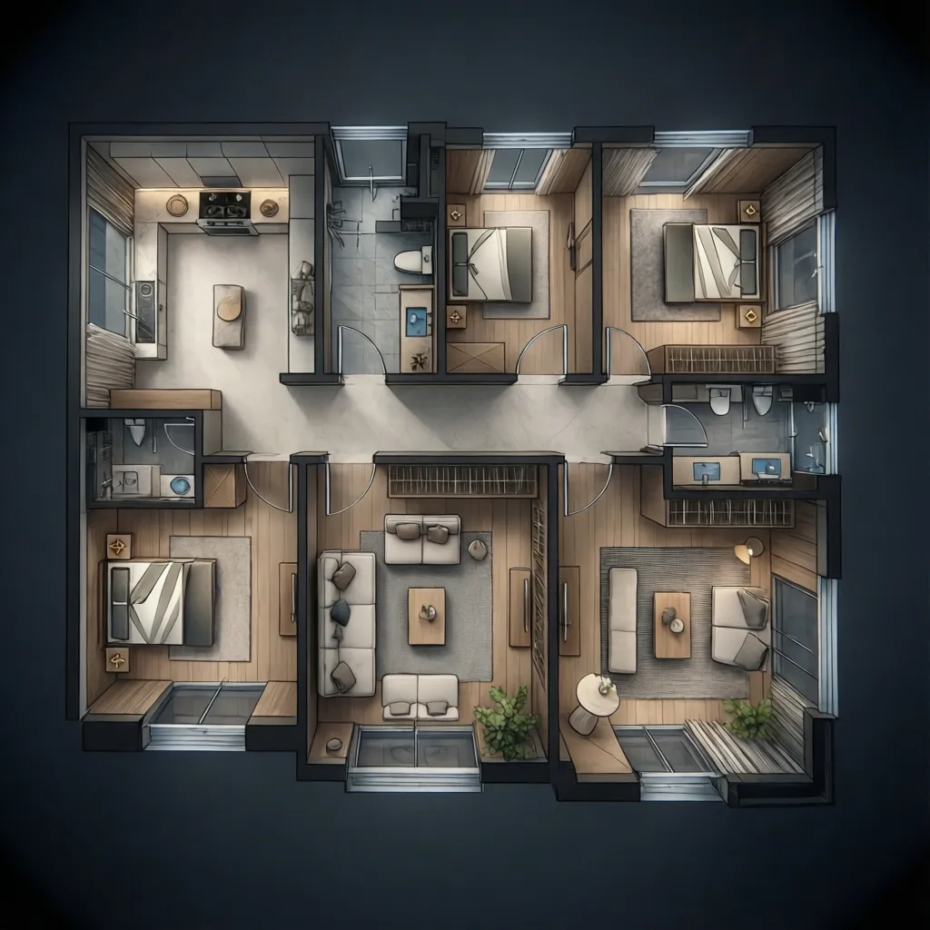 3 BHK apartment diagram showing separation between service zone and private zone