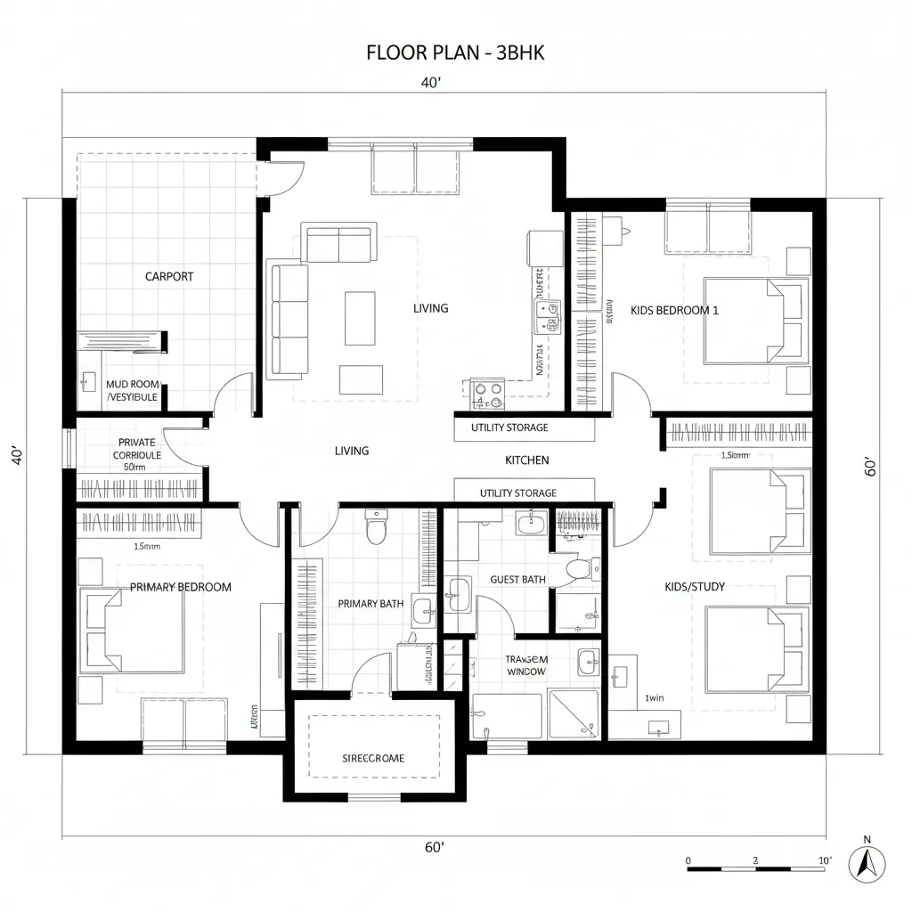 Three bedroom floor plan drawing including a living area kitchen carport and several private bathrooms