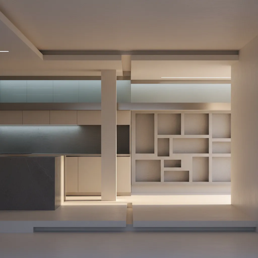 Minimalist interior design drawing of a kitchen with clean cabinets wall shelves and warm lighting