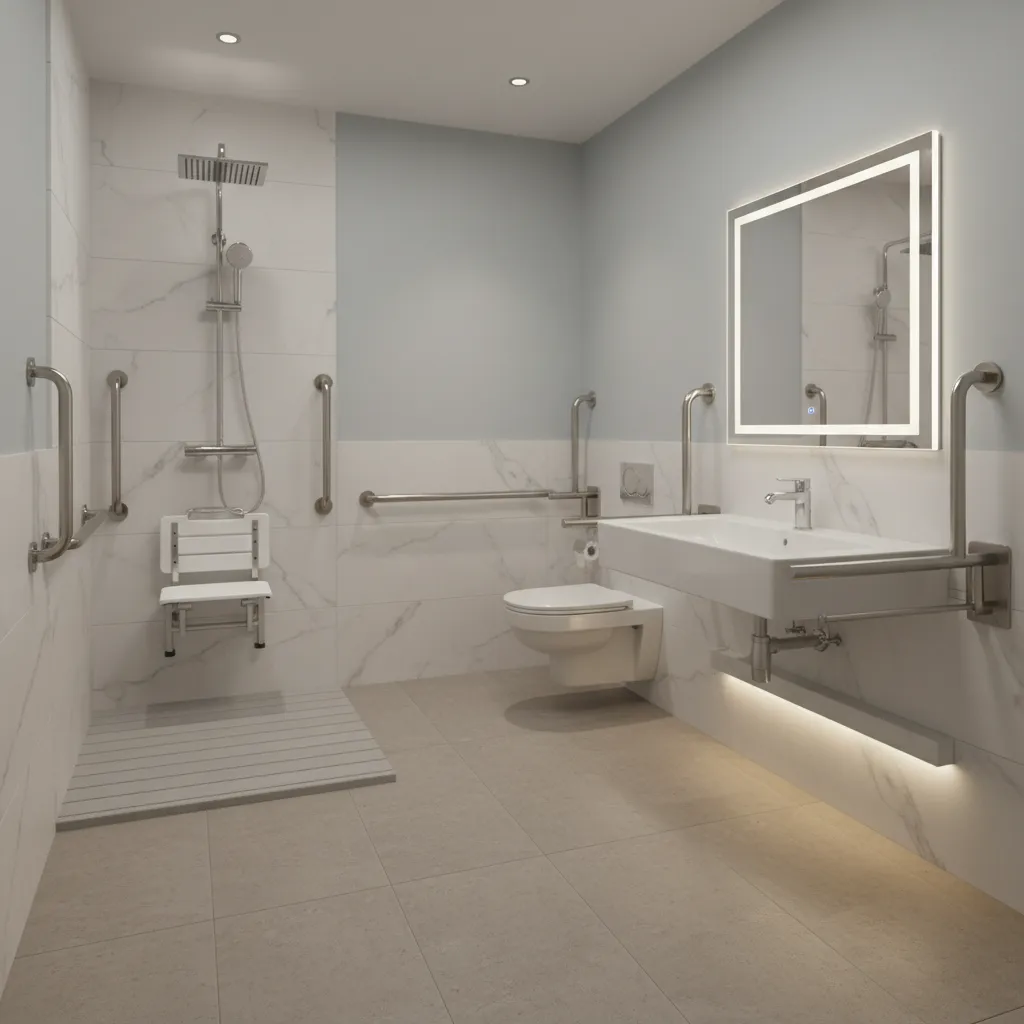 3D visualization of a wheelchair accessible bathroom renovation plan