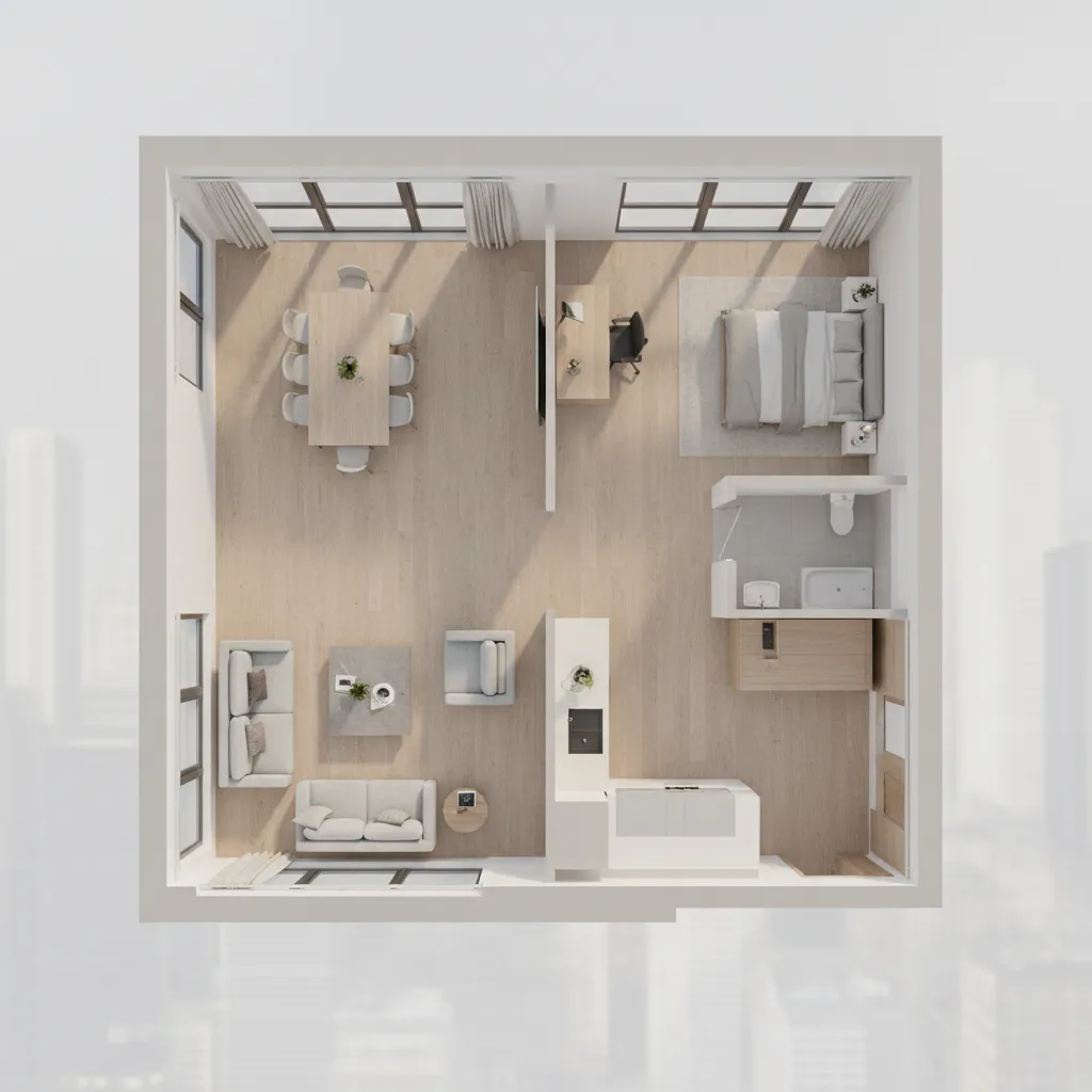 Visualización 3D de distribución de apartamento