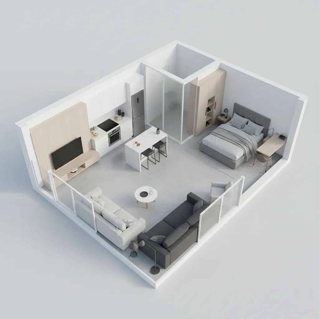3D apartment floor plan showing optimized furniture layout