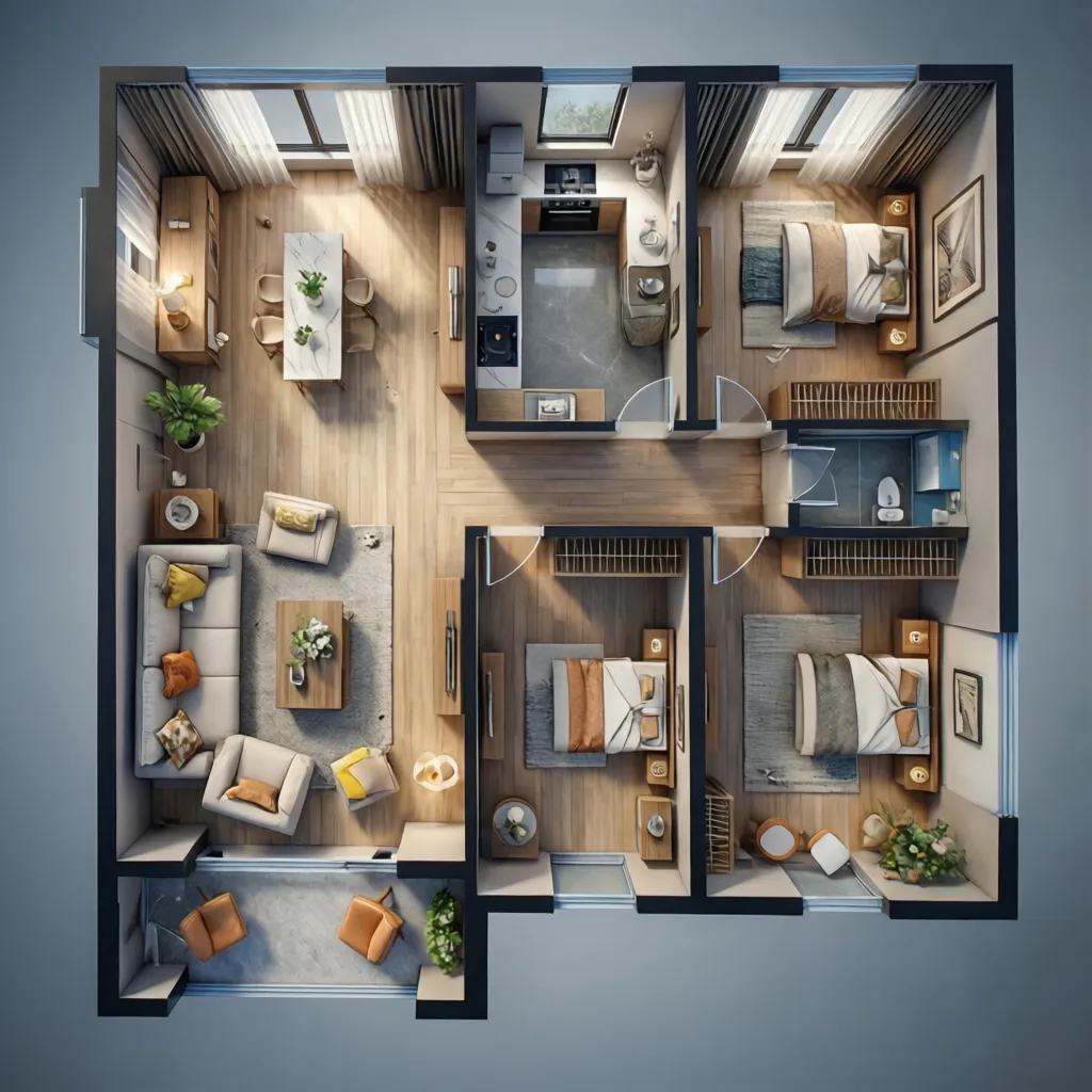3D apartment room layout with three bedrooms, kitchen, bathroom, living area, balcony, and wood flooring