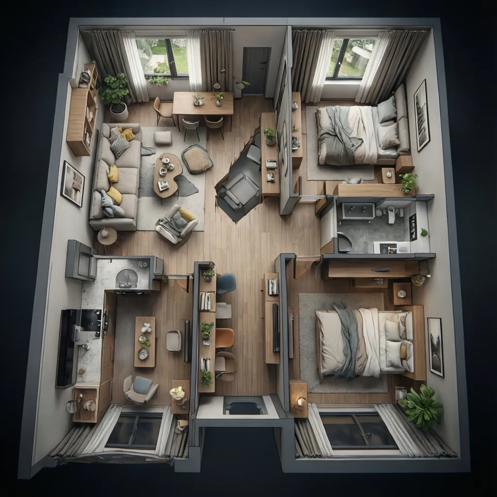 3D apartment layout showing zones for living kitchen and sleeping