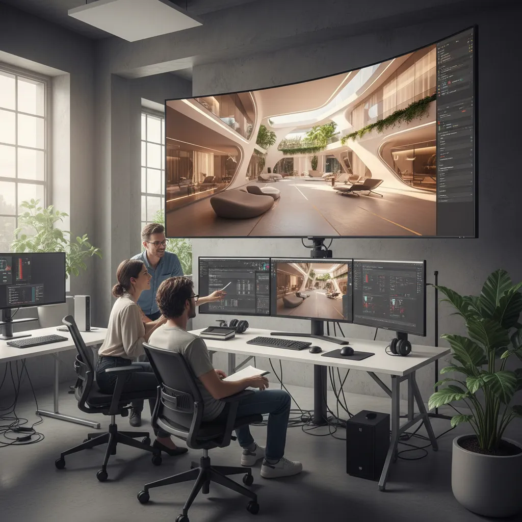 Three designers discussing interior design drawing on large screen in modern office with green plants