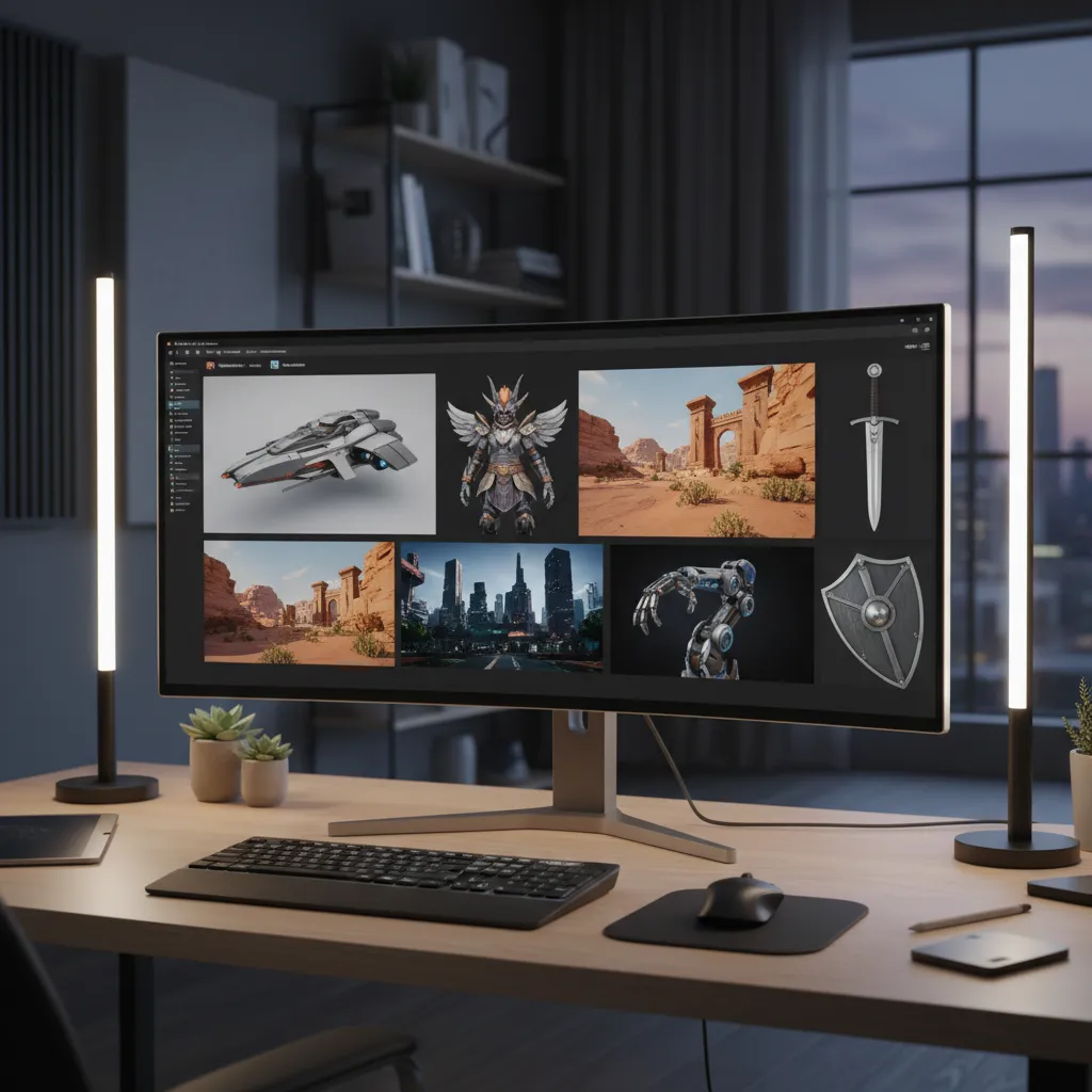Curved computer screen on wood desk showing art assets with keyboard mouse and two lights