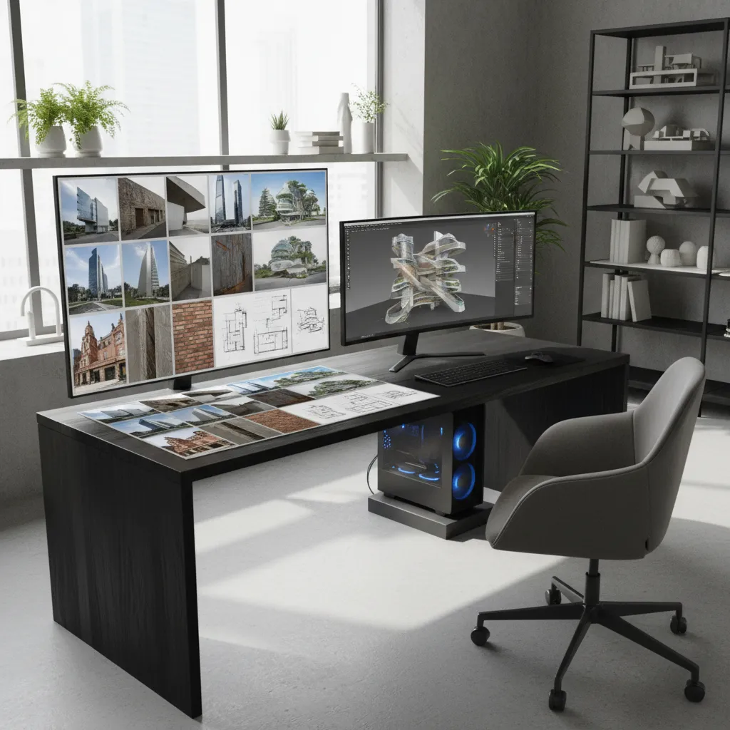 3D artist workspace with a large digital reference board used for modeling inspiration