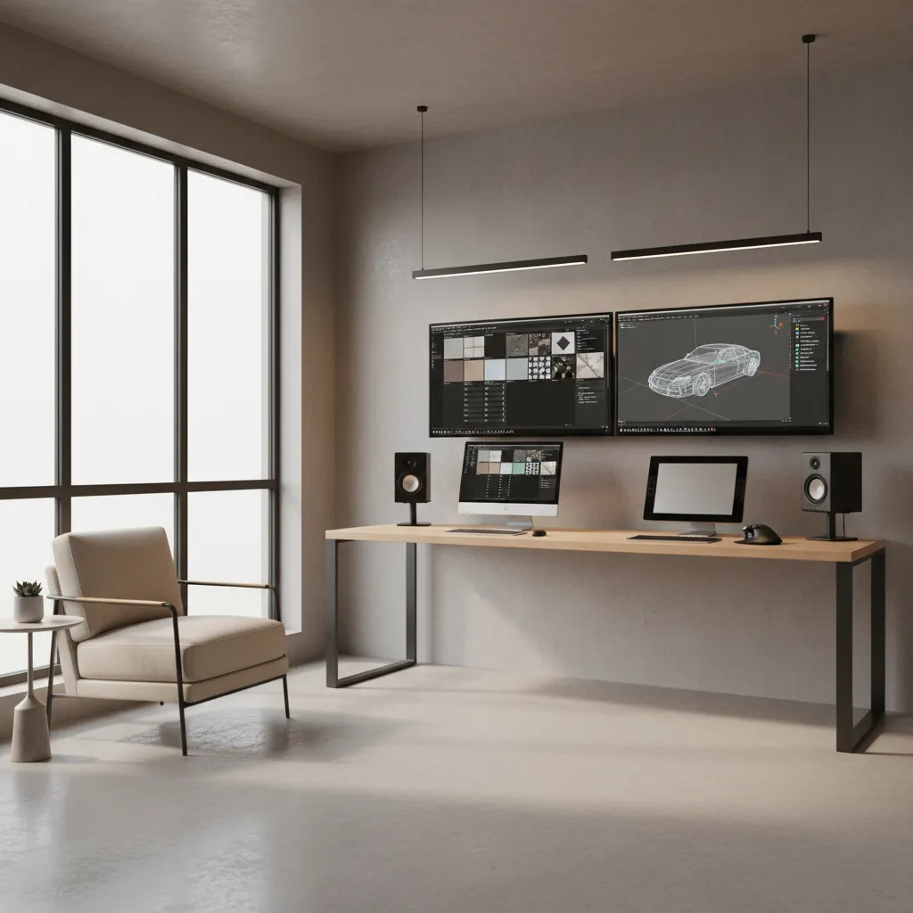 Modern home office with wooden desk and screens showing design software next to tan armchair
