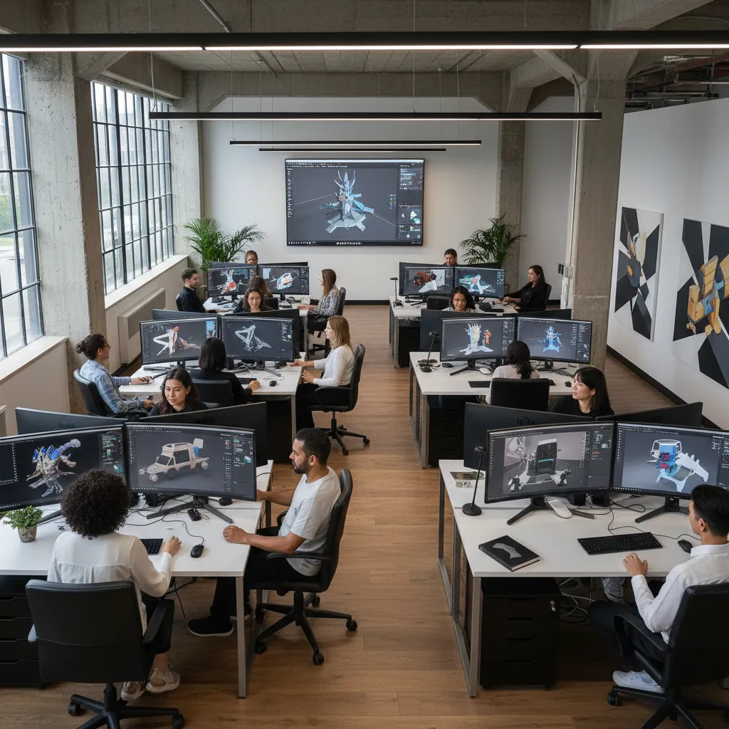 Modern industrial office with people sitting at long desks and working on computer design projects