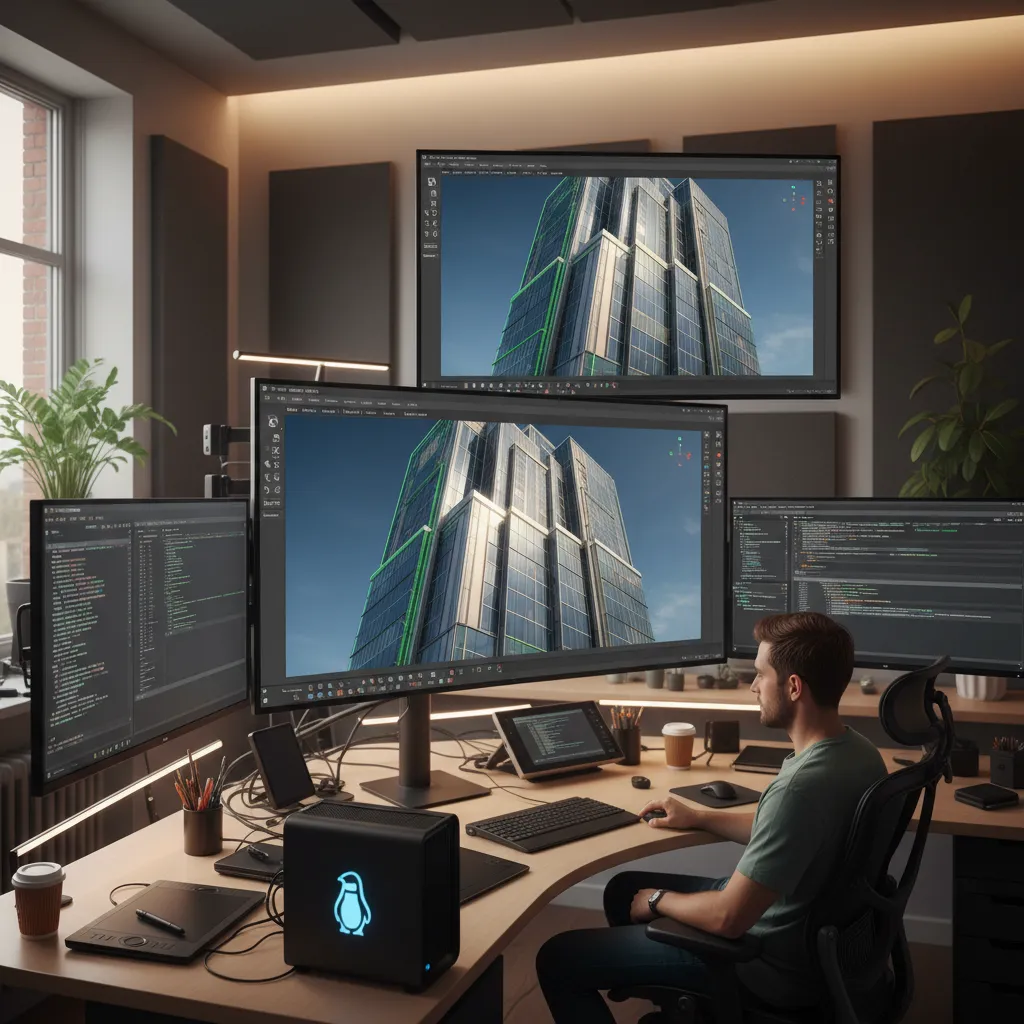 digital artist testing different 3D modeling programs on a Linux workstation