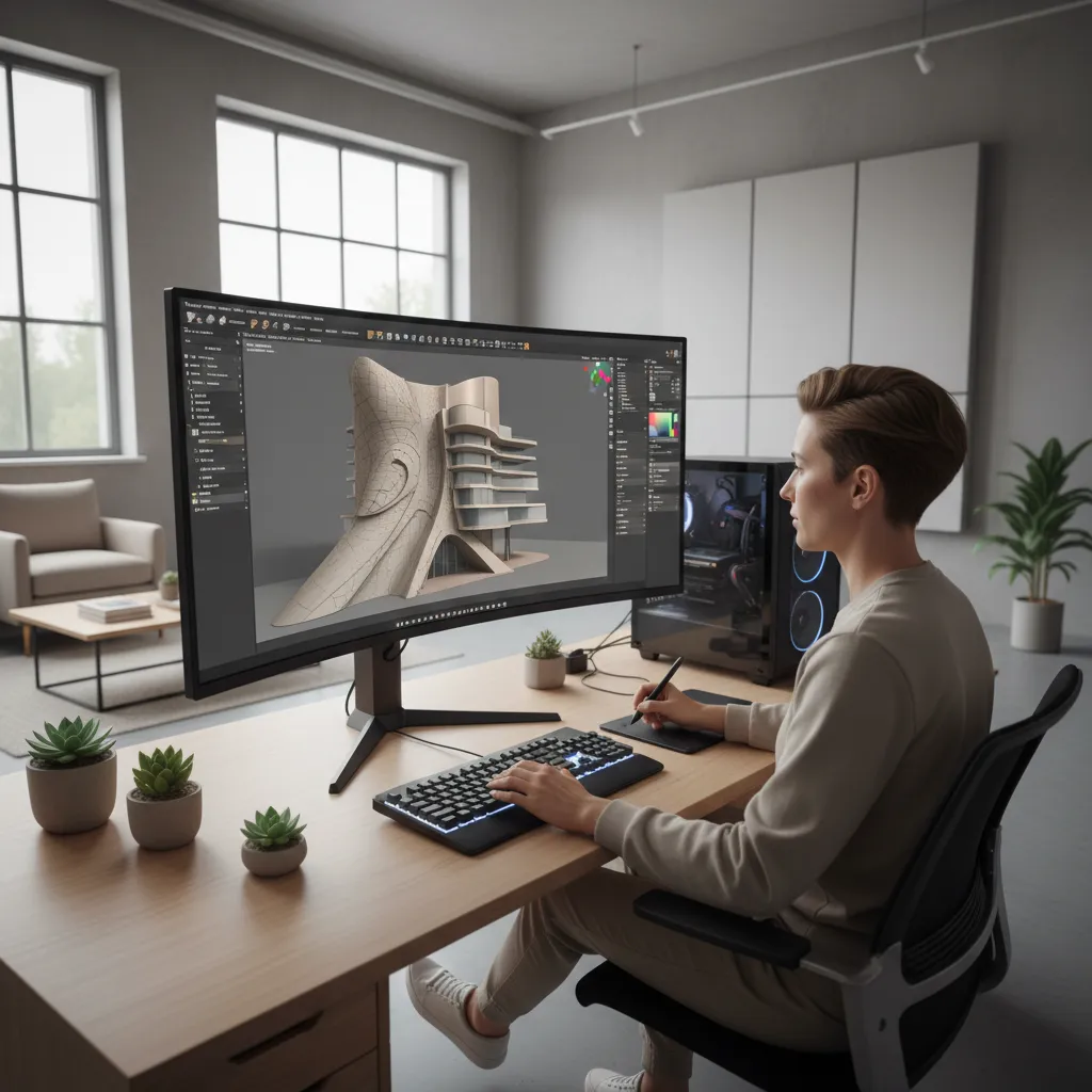 3D artist creating a digital model on professional modeling software