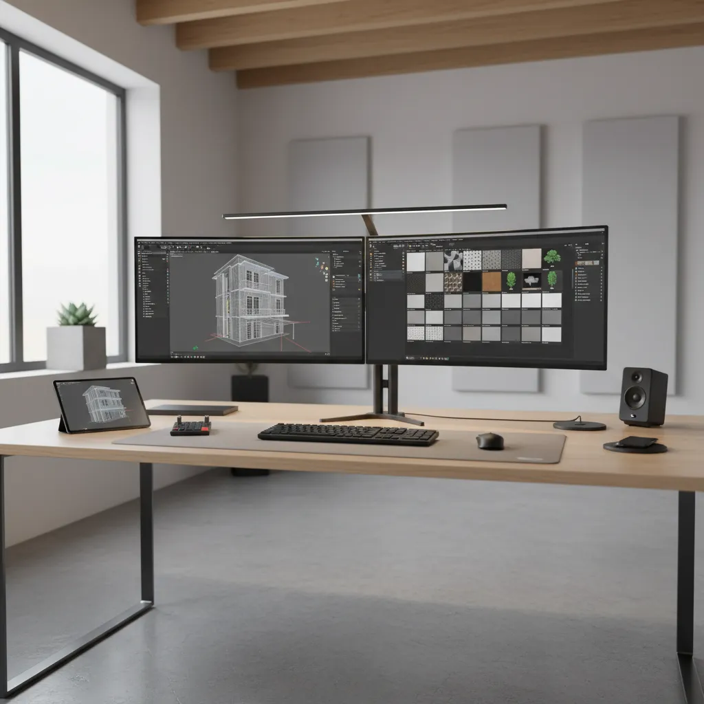 3D artist workspace with modeling software and asset previews on screens