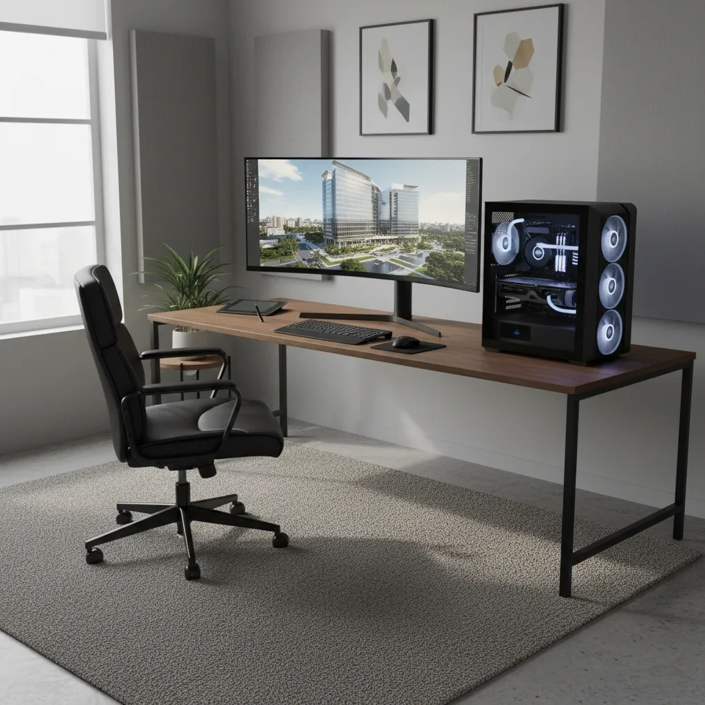 Interior designer working on a high performance 3D rendering workstation