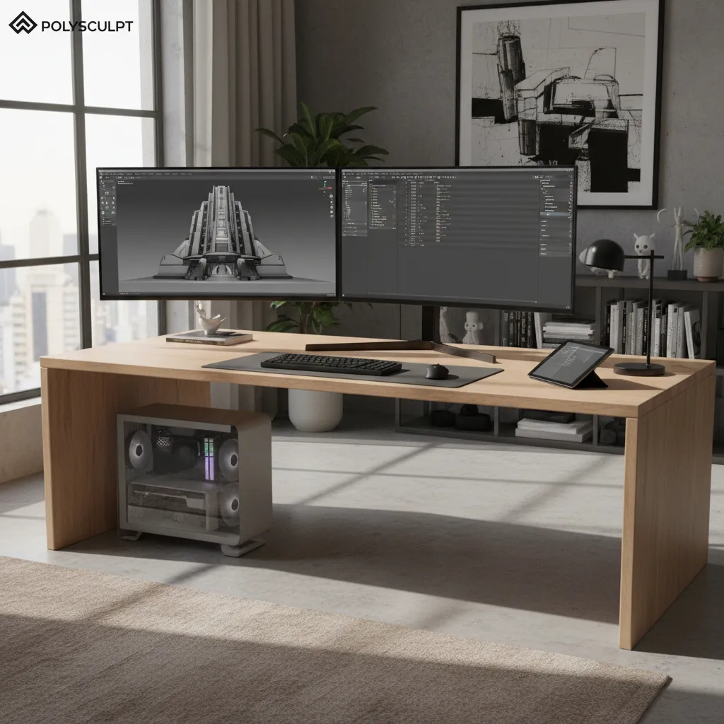 3D artist working at a powerful workstation with modeling software open on multiple monitors