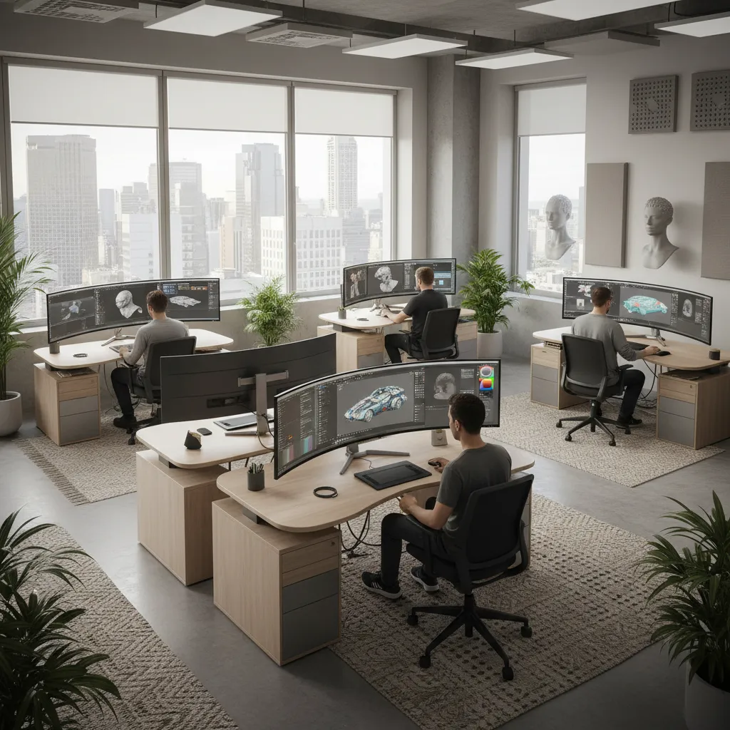 3D artists collaborating in an online creative community environment