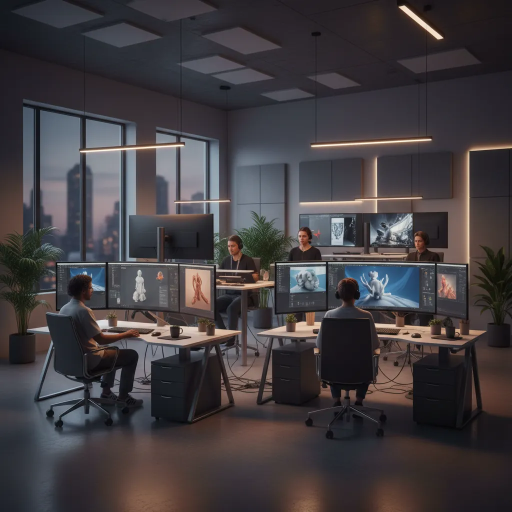 Modern office workspace where artists use multiple screens to design 3D models near large windows