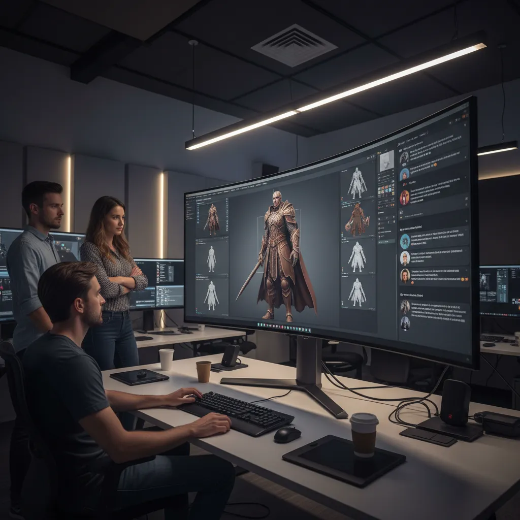 Three people looking at a large curved monitor screen inside a modern dark office studio
