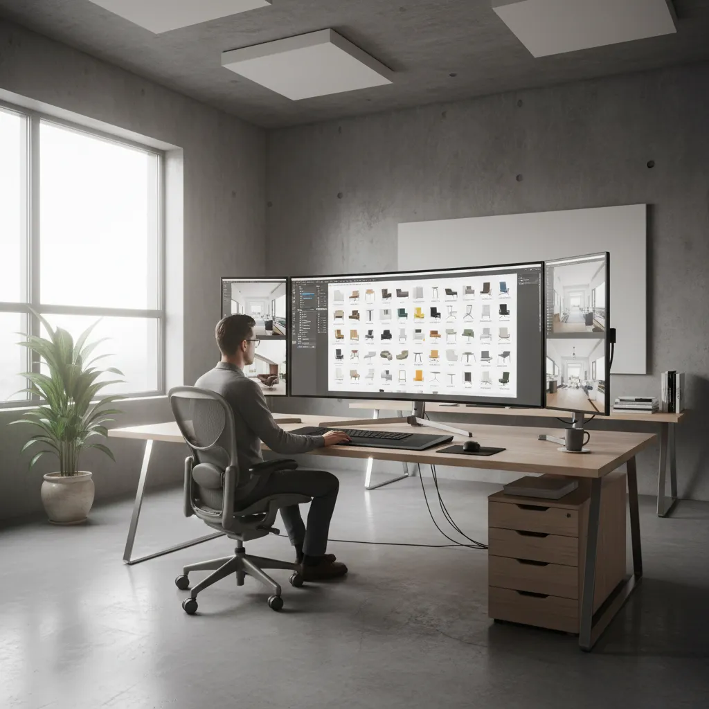 Designer working with organized 3D asset library for architectural visualization