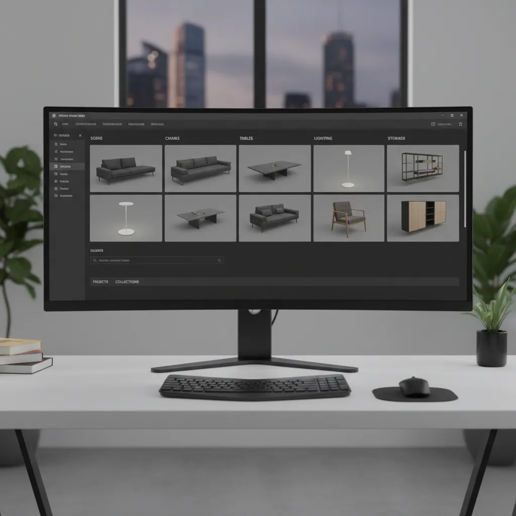 organized collection of specialized 3D assets like furniture models displayed on screen