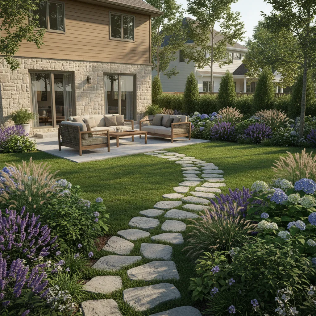 3D rendered backyard landscape design with patio seating and planted borders