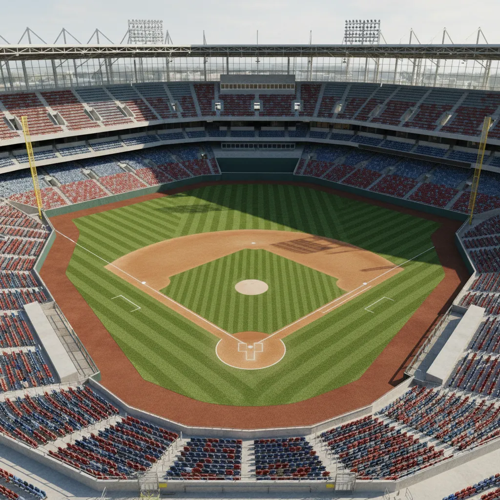 Overview of a 3D baseball field model used in game development
