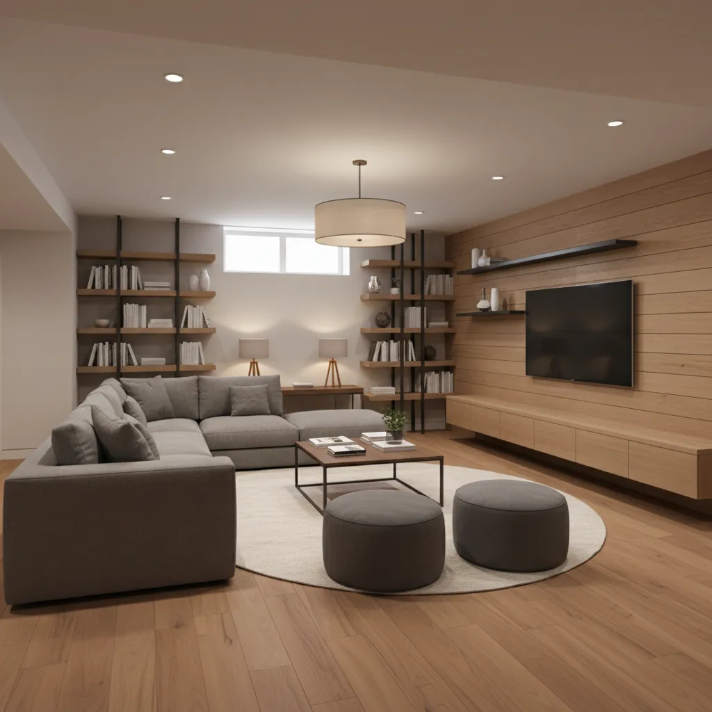 3D visualization of a finished basement with seating area and entertainment zone