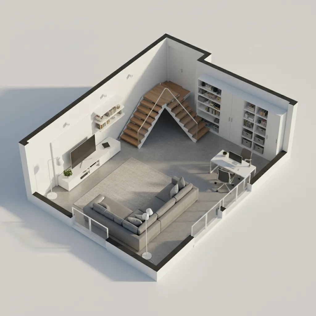 3D basement floor plan visualization showing entertainment and storage zones