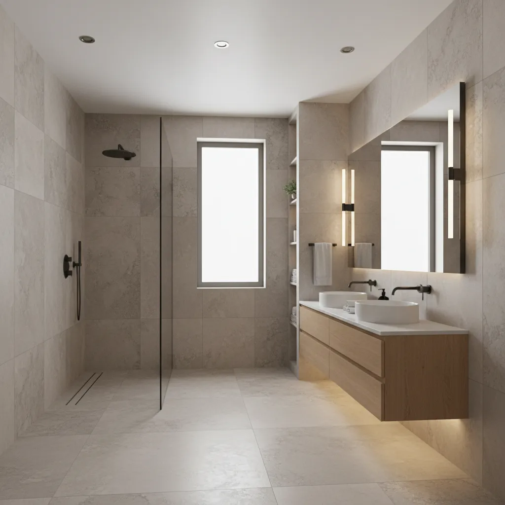 Realistic 3D render of a modern bathroom layout used for renovation planning