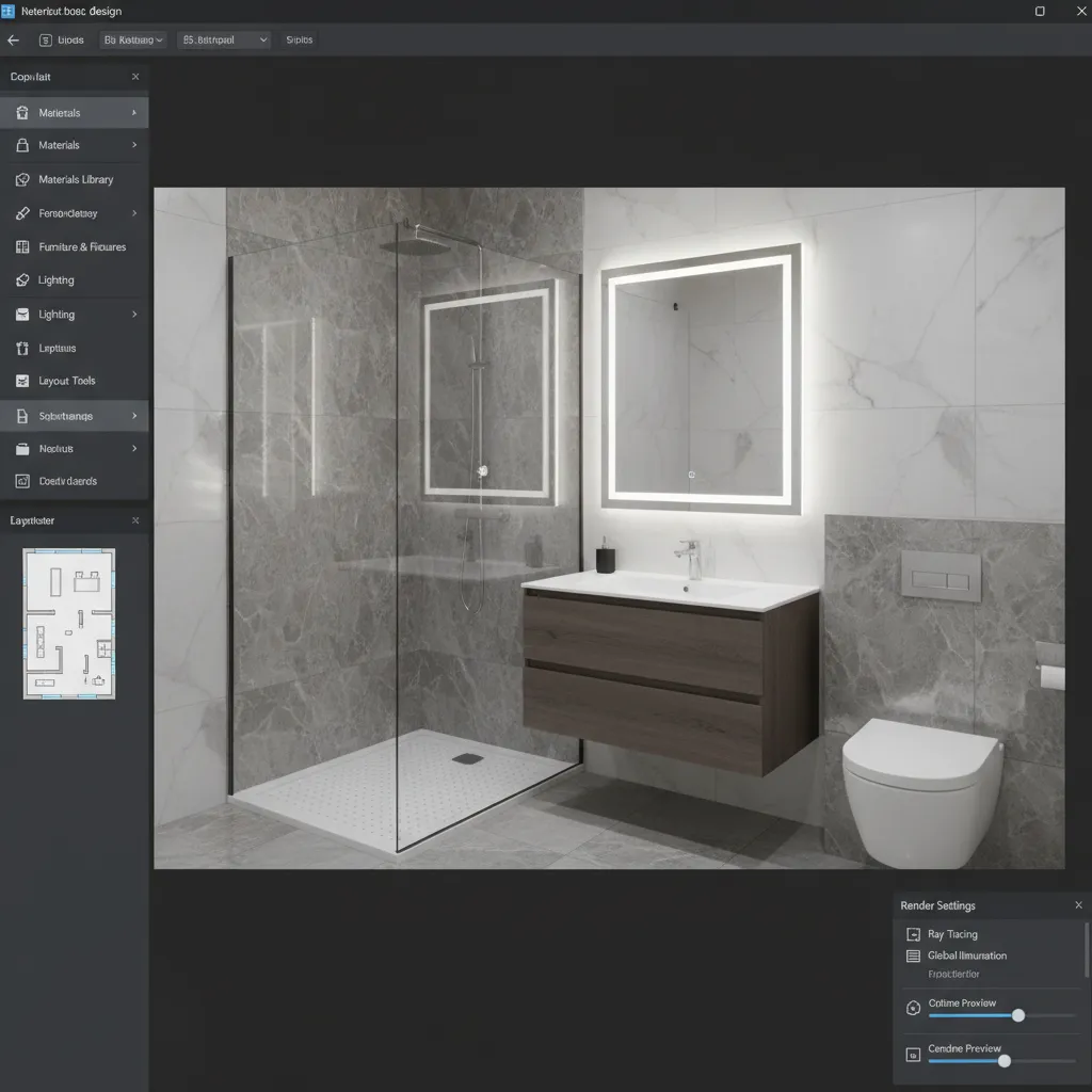 Coohom interior design software showing 3D bathroom layout with lit mirror wood cabinet and shower