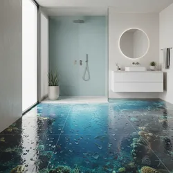 Modern bathroom with blue ocean floor tiles white vanity round wall mirror and glass shower