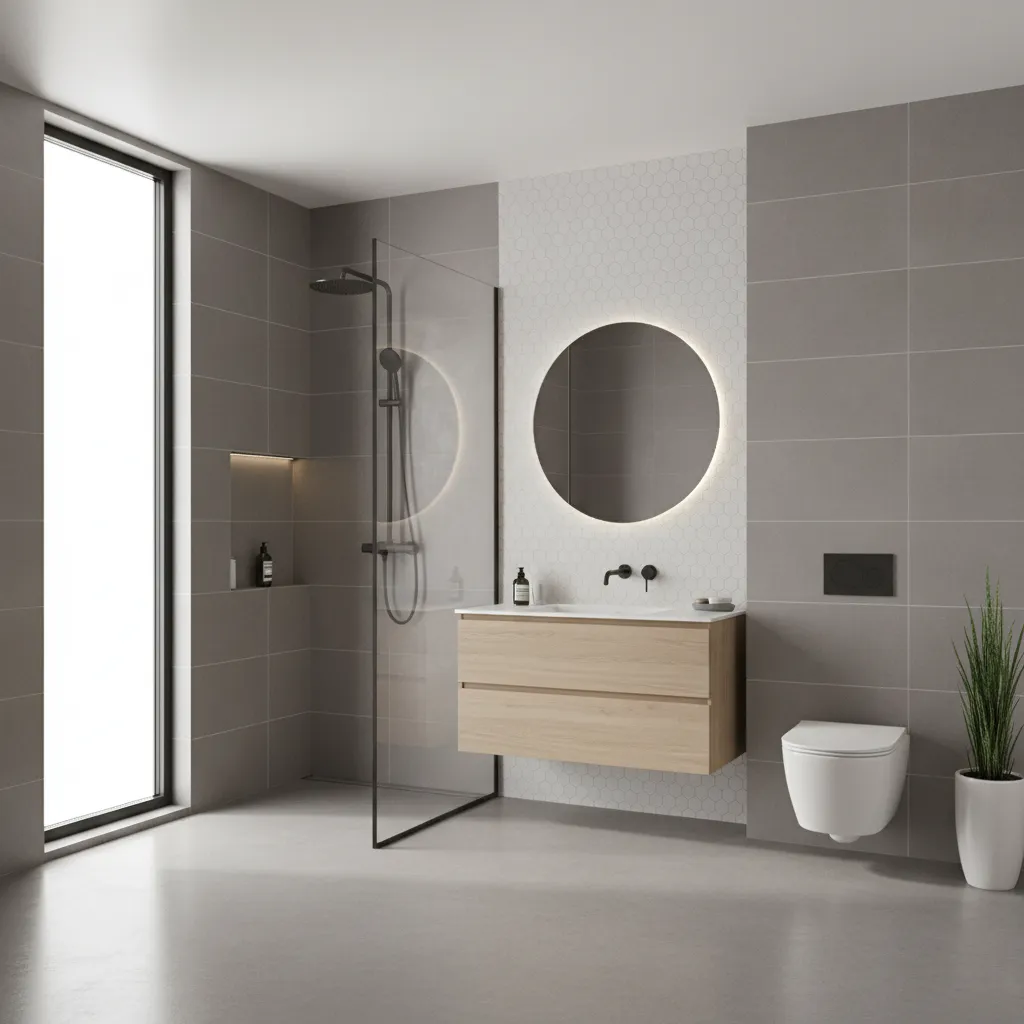 3D rendered bathroom layout showing realistic spacing and lighting