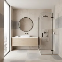 Minimalist bathroom design with wooden cabinet, round mirror, glass shower, and neutral wall tiles layout