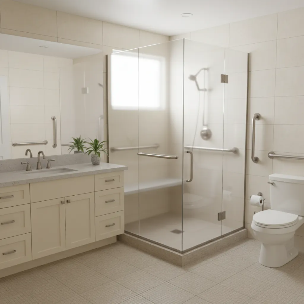 3D visualization of senior friendly bathroom remodel plan