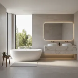 Modern bathroom with white bathtub marble double sink cabinet large glowing mirror and bright window